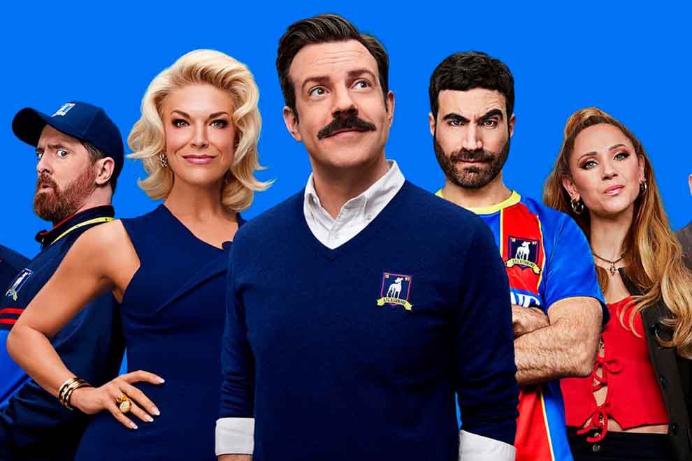 Elenco da série com fundo azul vibrante