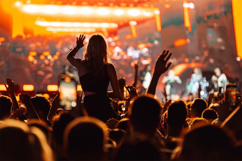 Público animado em show com luzes vibrantes.