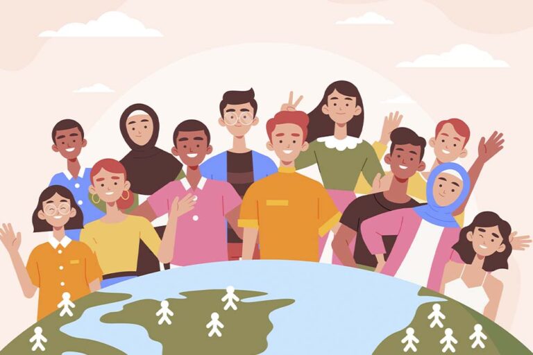 Ilustração de diversas pessoas de etnias diferentes, com uma base de planeta e um céu rosado.